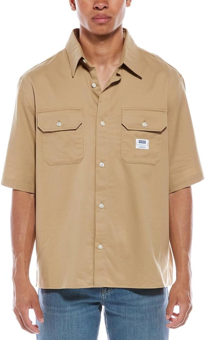 

Мужская хлопковая рубашка с коротким рукавом и карманом на груди HUGO, Beige