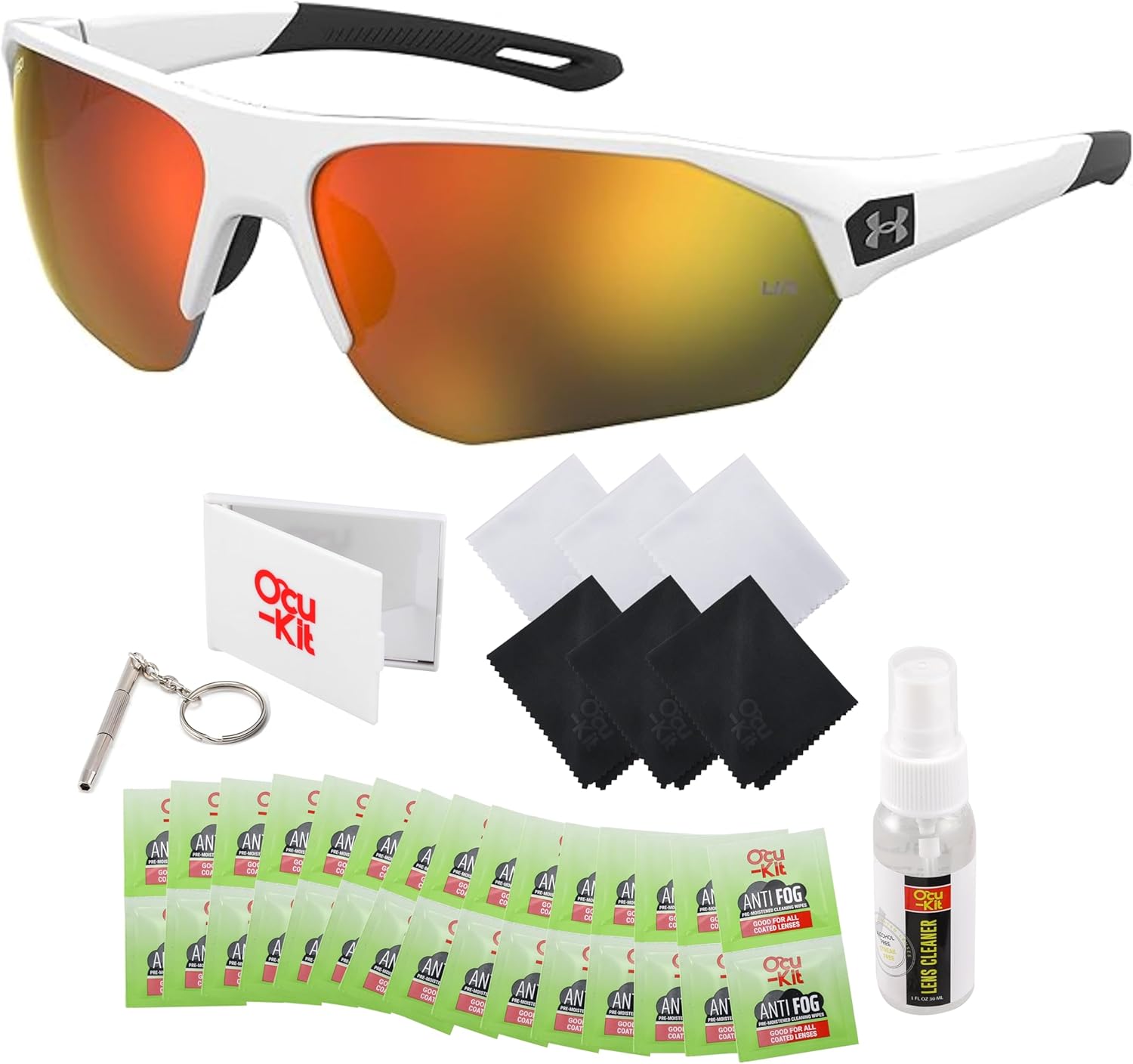 

Очки Under Armour мужские Playmaker 0001/G/S белая оправа 04NL/50 оранжевые линзы 72 мм полуободковые wrap солнцезащитные очки - комплект с набором по уходу