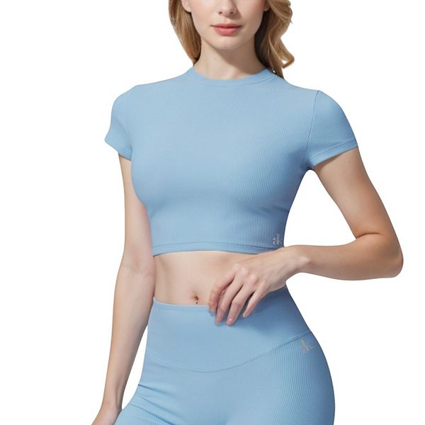 

Женский короткий топ с коротким рукавом, ребристый, с круглым вырезом и эластичной тканью Anna-Kaci, Light Blue