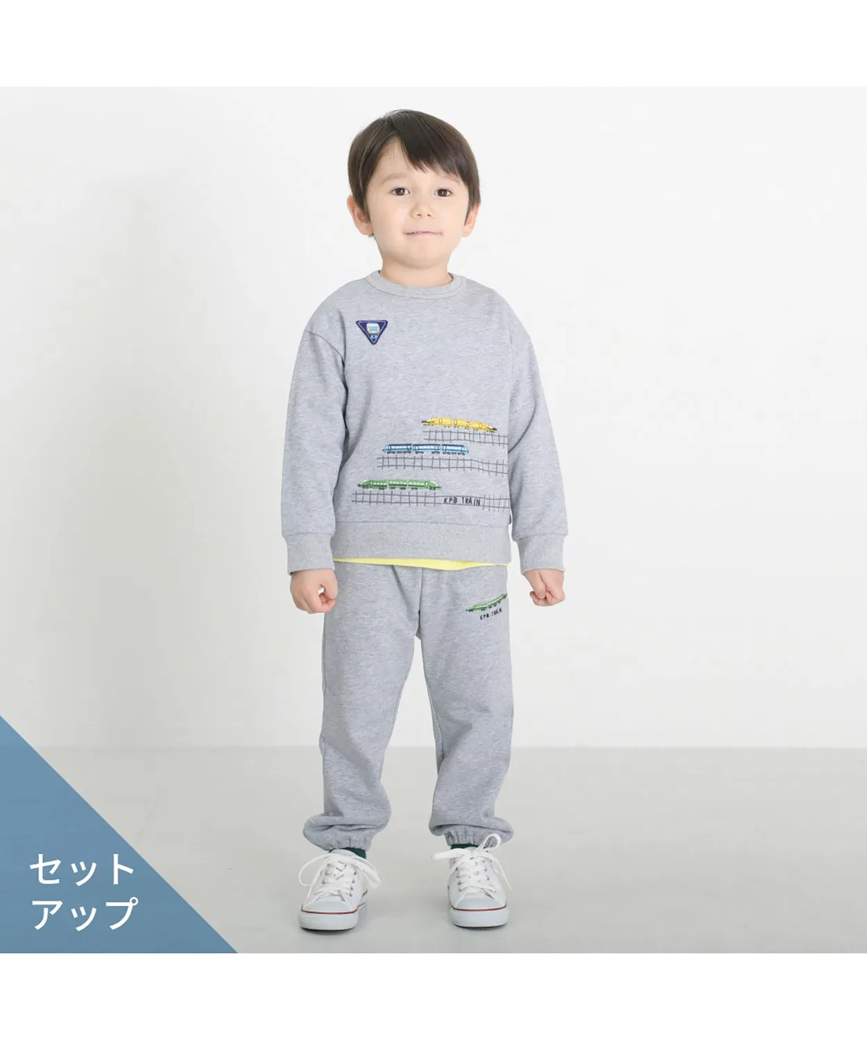 Детский костюм с вышивкой поезда, хлопок, серый меланж, 80-120