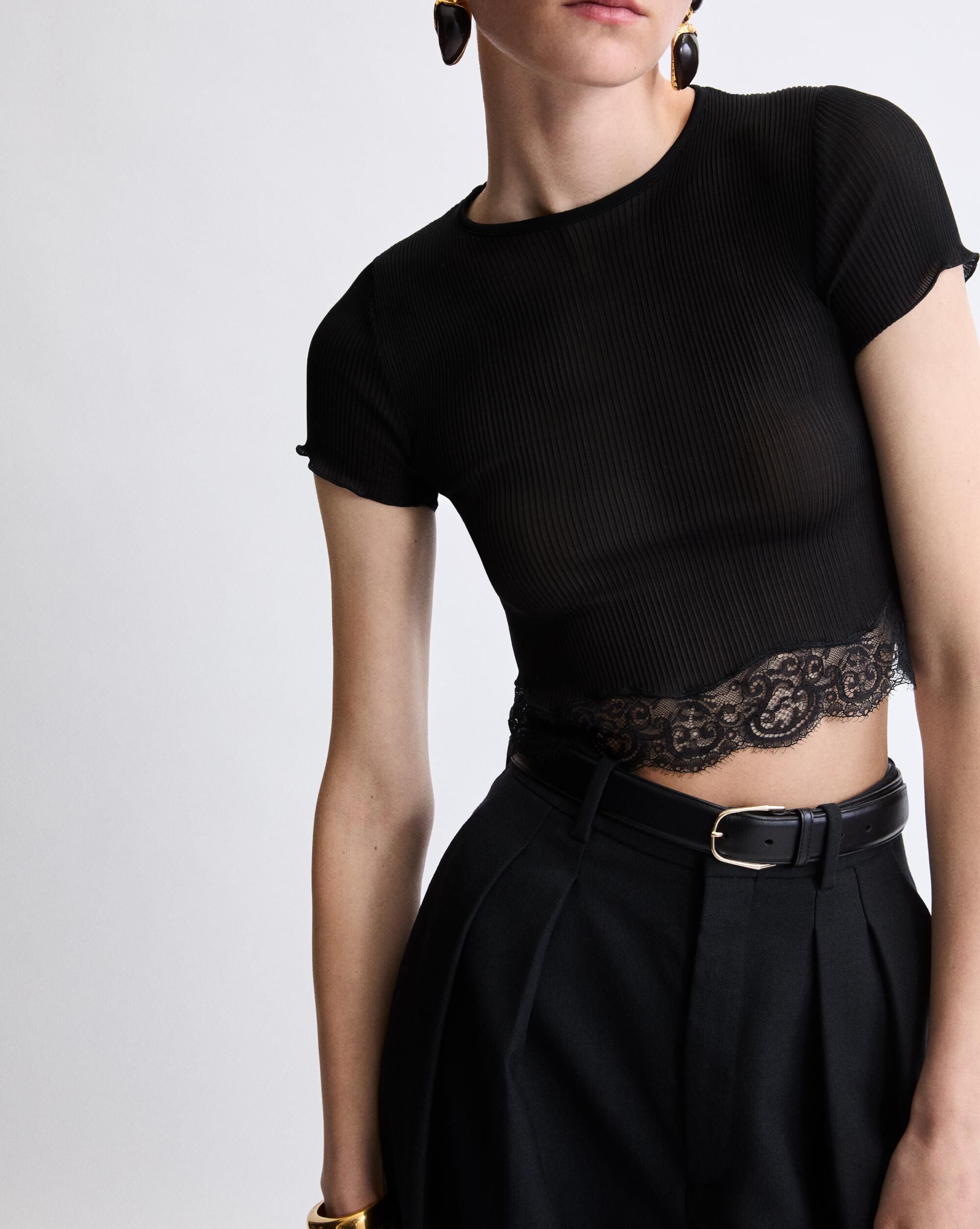 Футболка с кружевом из рубчатого шелка Saint Laurent, черный — фото 2