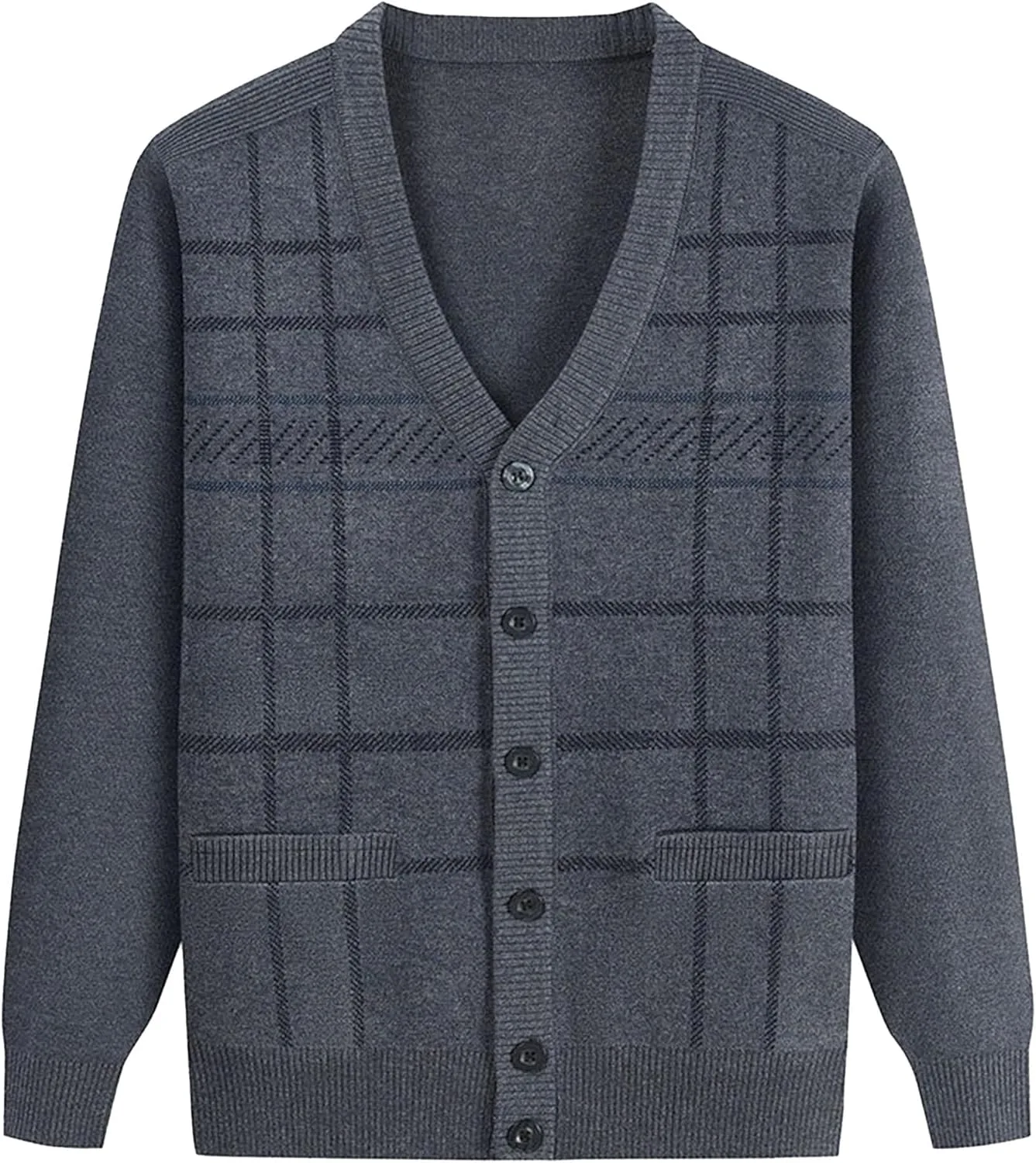 

Мужской кардиган в клетку с пуговицами, V-образным вырезом и утеплением DGHM-JLMY