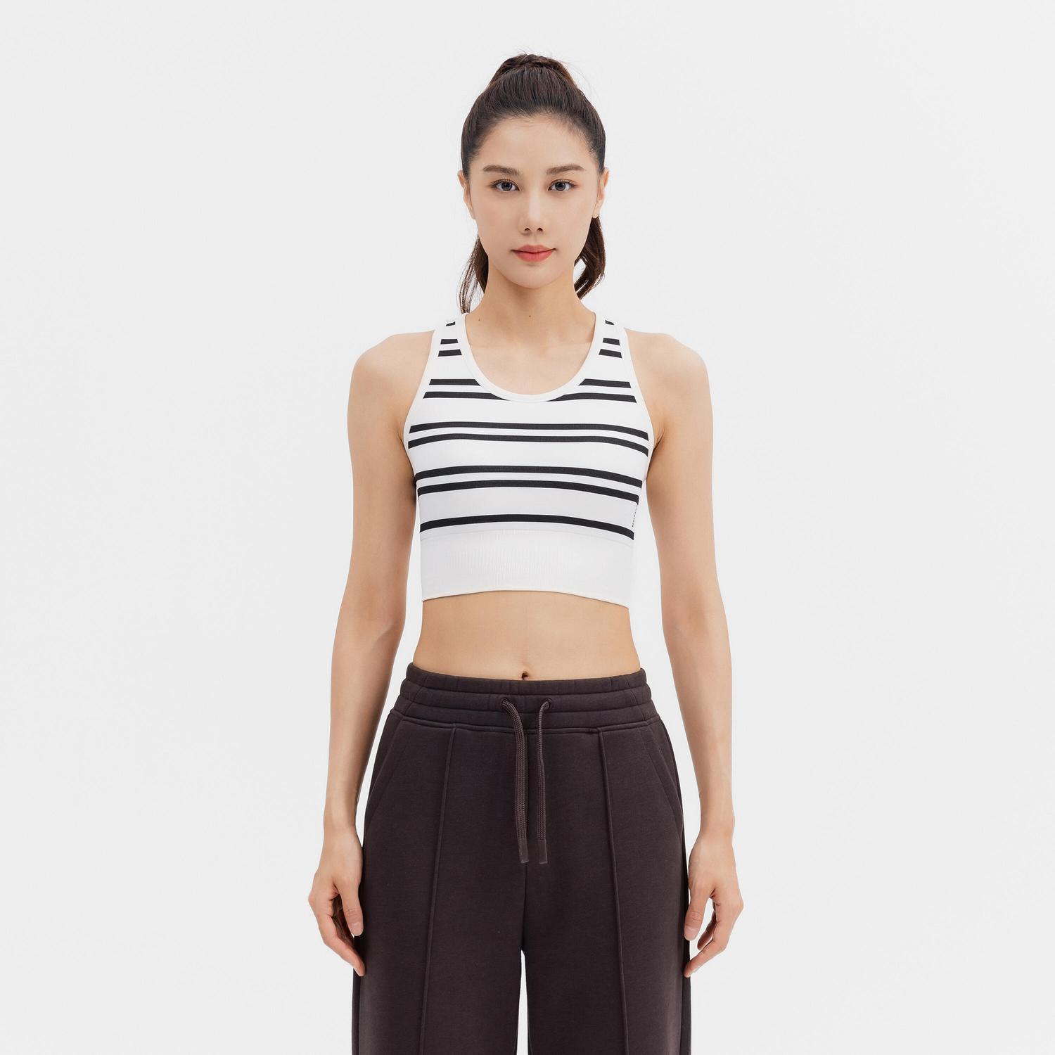 

Женский спортивный топ Decathlon для низкой нагрузки с майкой-борцовкой в чёрно-белую полоску