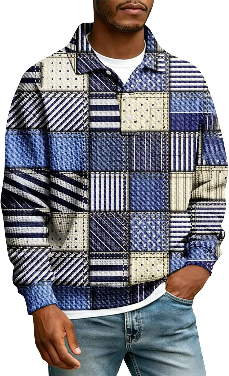 

Мужская рубашка с принтом на лацкане, Long Sleeve, Button Down