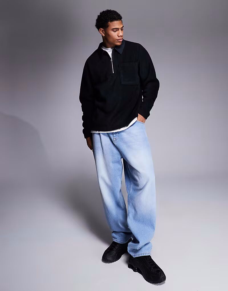 

Свободная флисовая толстовка-поло в стиле регби с четвертной молнией черного цвета Asos Design