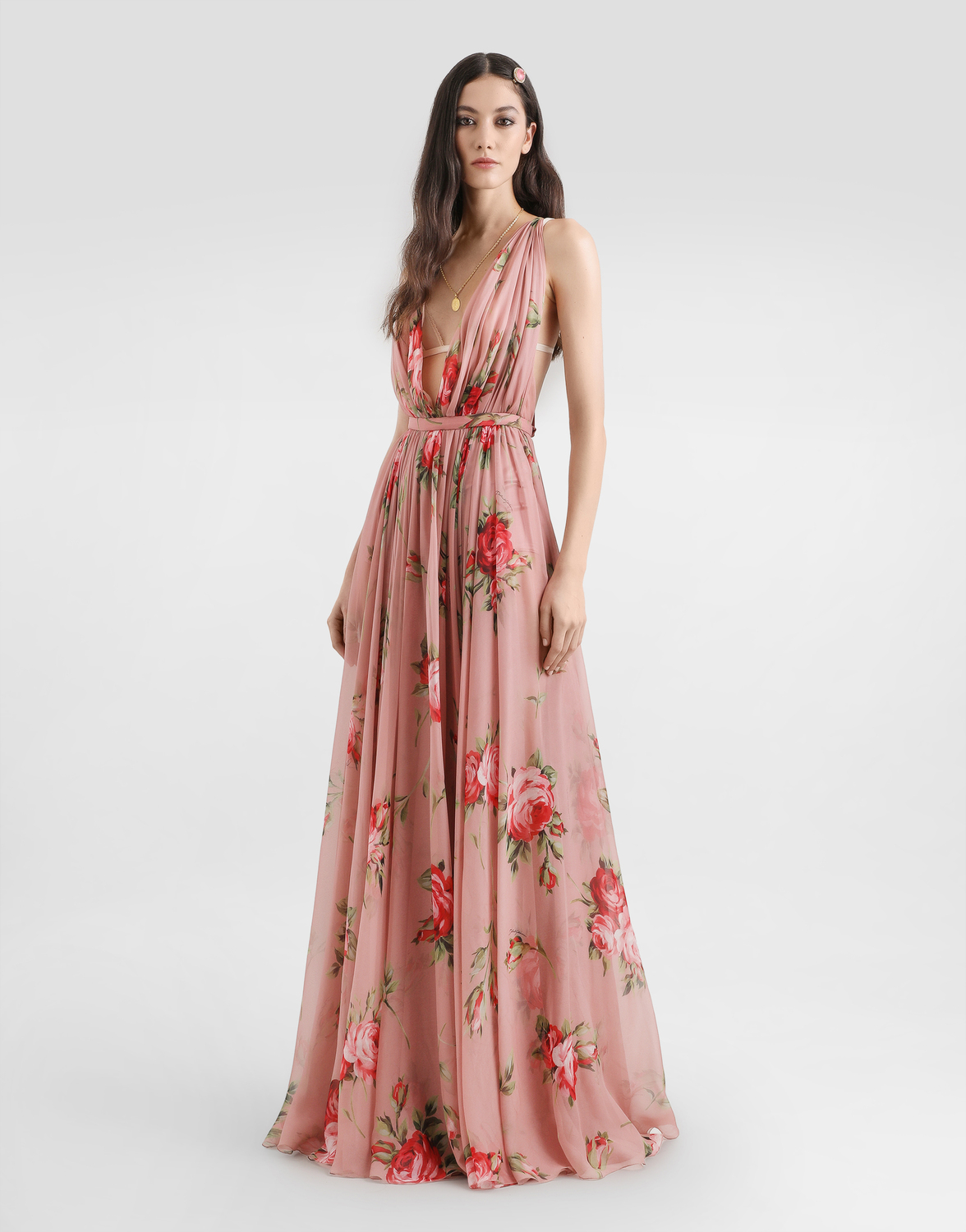 Платье из шифона с принтом розового букета DOLCE & GABBANA, мультиколор — фото 2