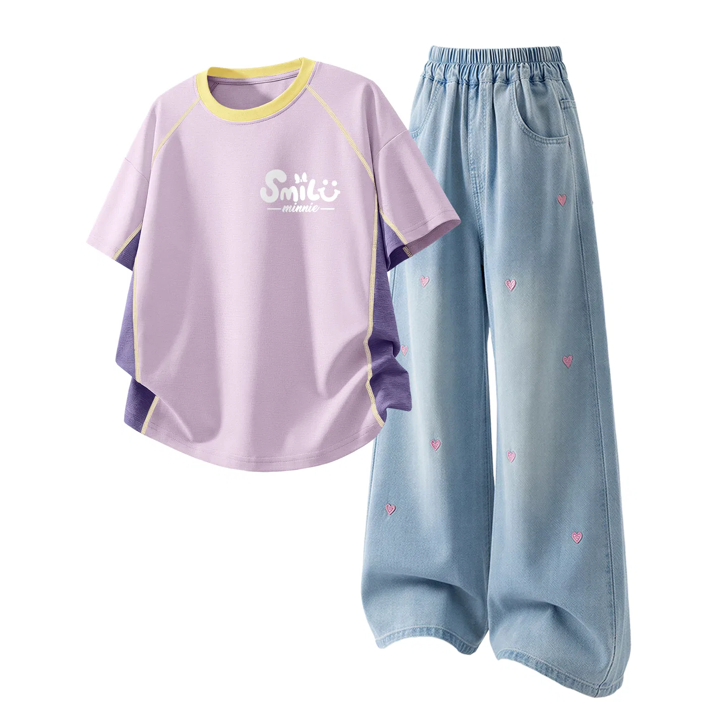 Детская повседневная спортивная футболка с круглым вырезом Disney, Di B Letter Smile Nini K Purple+Solid Color Denim Light Blue