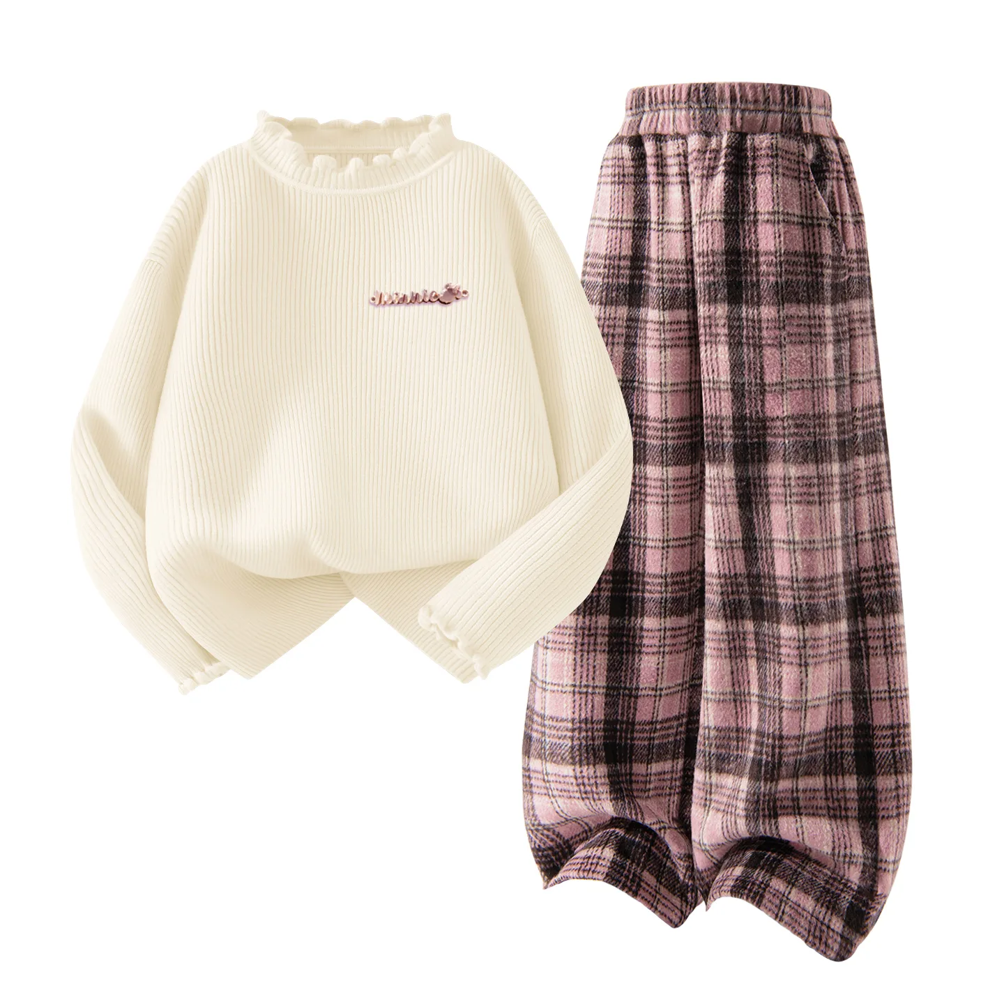 Детский спортивный комплект Casual Disney, [Thickened and Fleece-Lined]Di-Chang Metal Label K Dream Pink+Solid Color Pink Plaid — фото 3