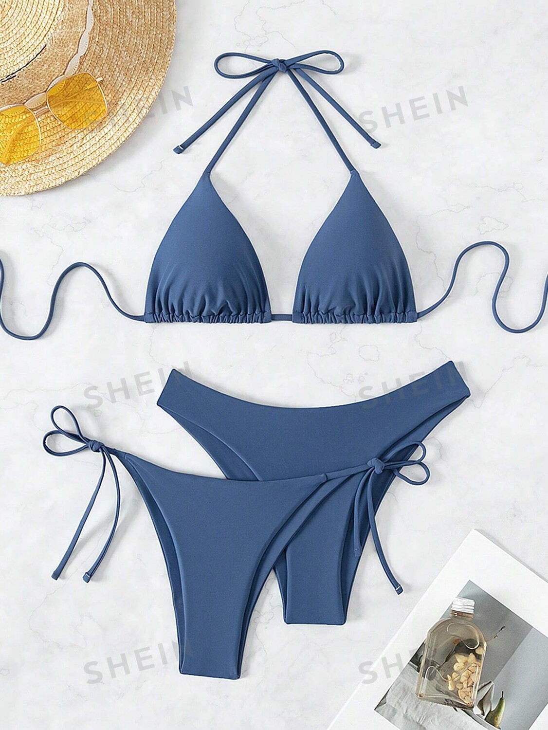 

Купальник женский Shein Swim Basics с лямкой на шее и бретельками, синий