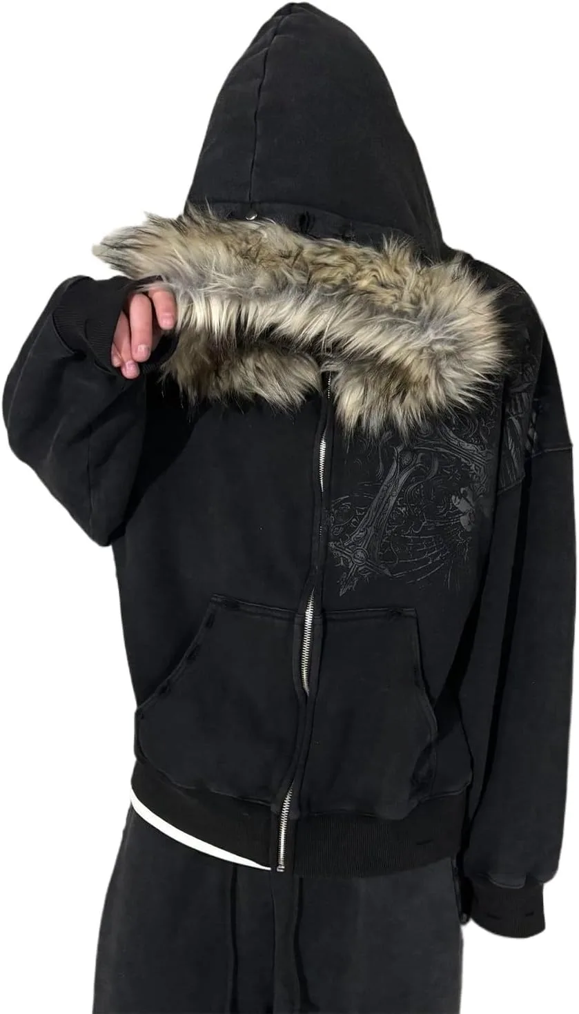 

Мужская худи на молнии Y2k с меховым капюшоном, теплая зимняя куртка RSGMU