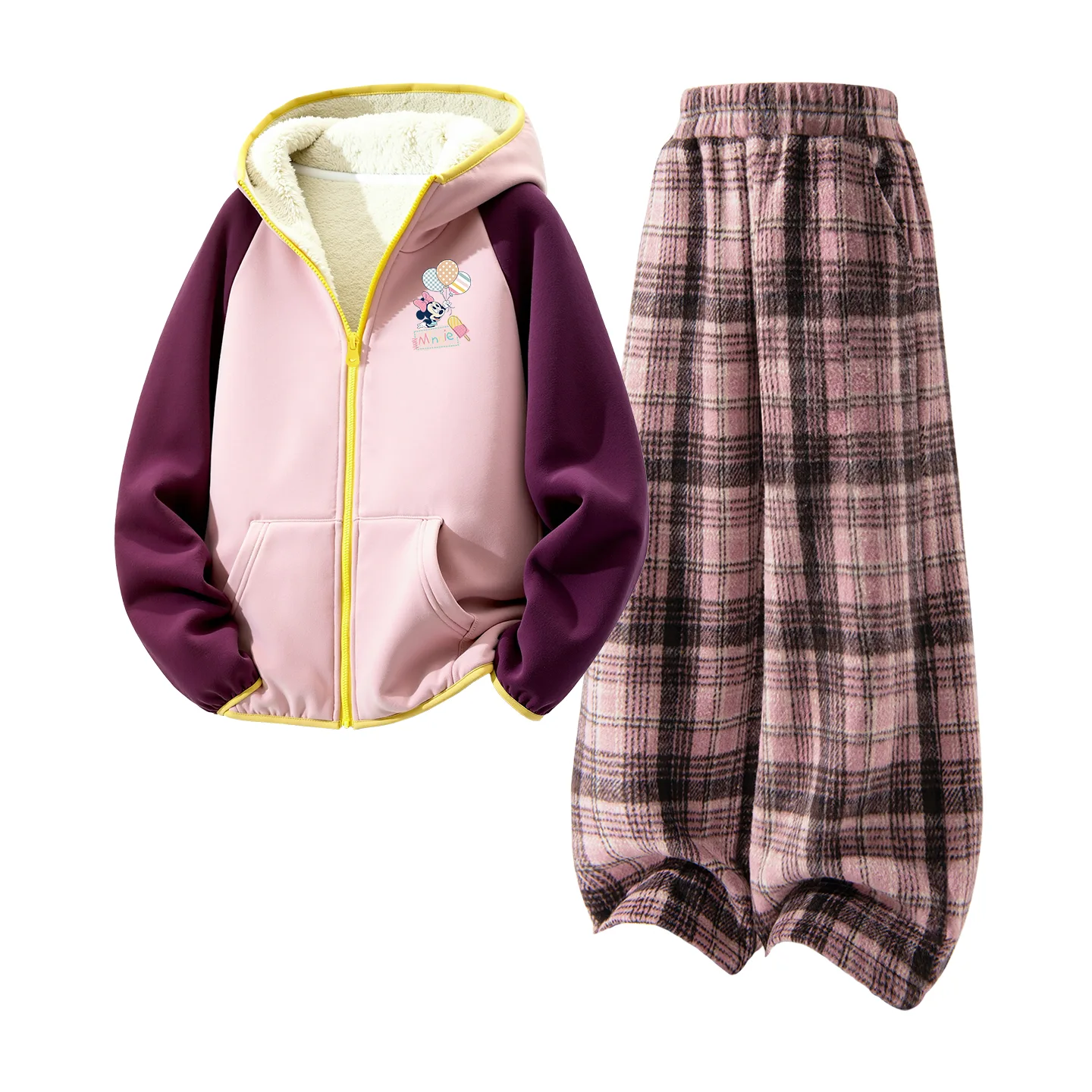 Детский спортивный костюм с круглым вырезом Disney, [Thickened and Fleece-Lined]Di Balloons K Dark Pink+Solid Color Pink Plaid
