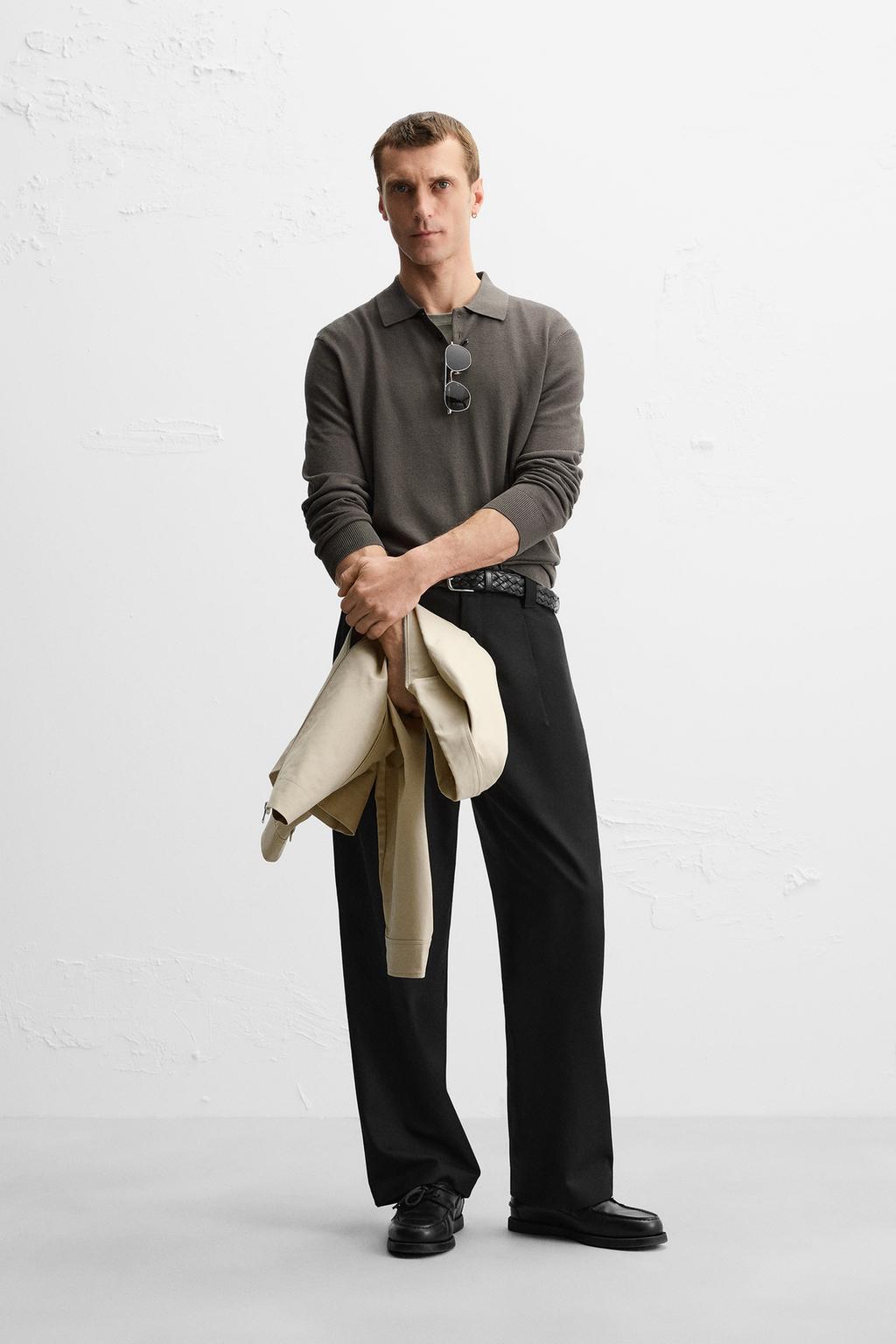 

Рубашка поло из шелкового / хлопчатобумажного трикотажа ZARA, цвет Brown/Green