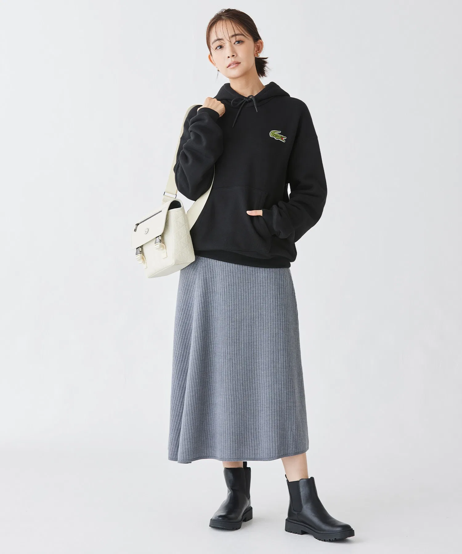 Юбка вязаная LACOSTE с объемными складками, шерсть и полиэстер, бежевая — фото 3