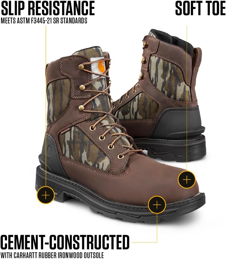 Carhartt Ironwood водонепроницаемые рабочие ботинки для мужчин - 8-дюймовые, усиленная промасленная кожа с дышащей мембраной, EH и нескользящие подошвы, Dark Brown/Mossy Oak — фото 3