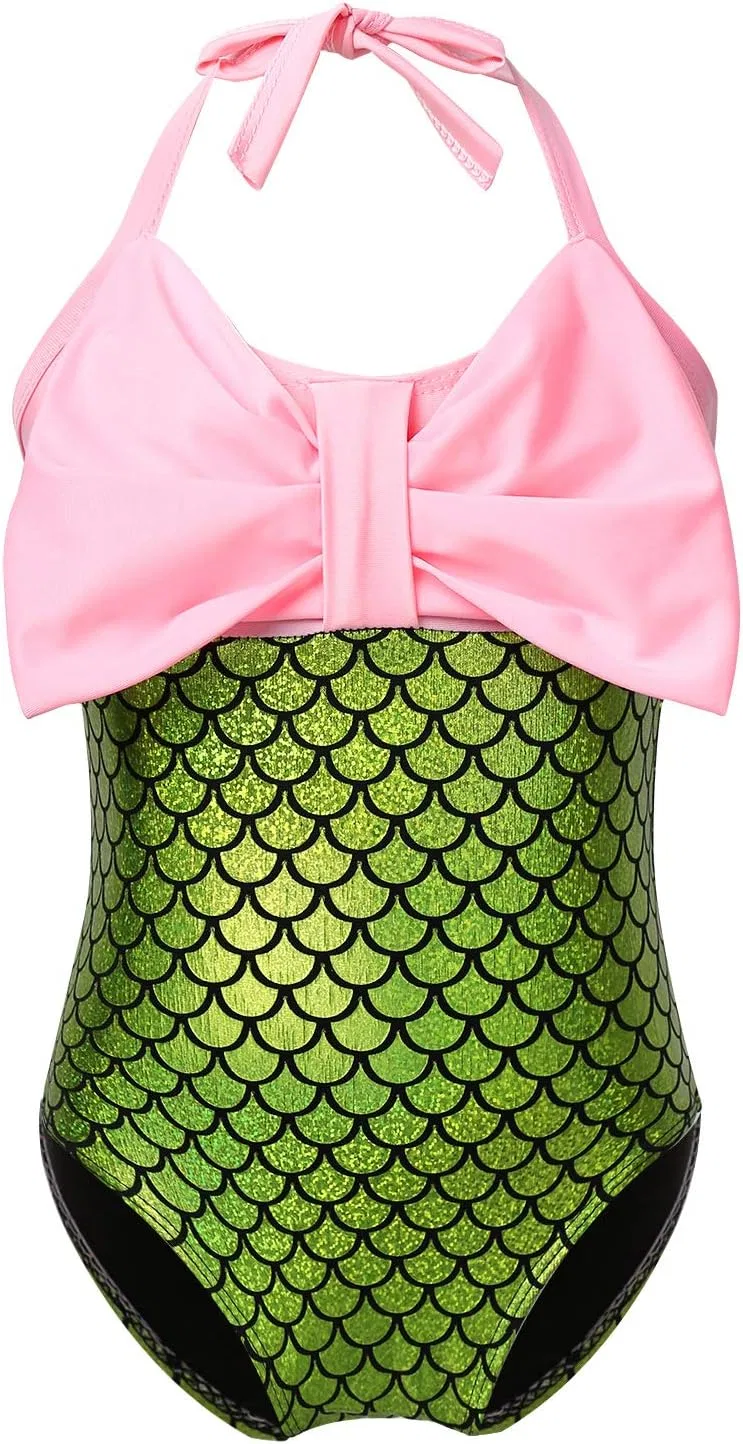 Alvivi Детский купальник-танкини в виде русалки для девочек, пляжный наряд, топ с бантом и завязками на шее, плавки с рисунком «рыбья чешуя», Green Bowknot