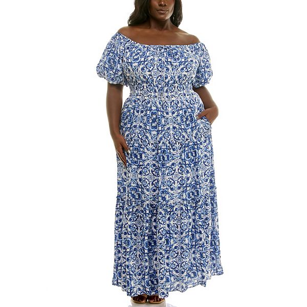 

Платье макси с принтом и открытыми плечами Plus size Maison Tara