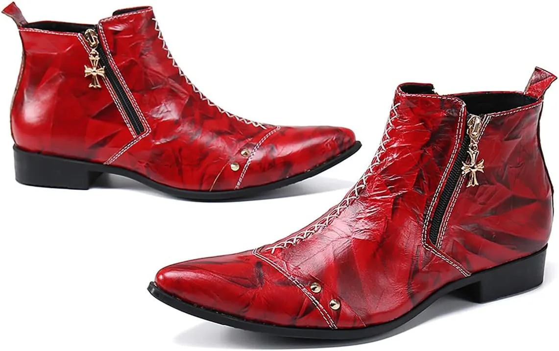 

Мужские повседневные ботинки-челси Santimon на щиколотку - настоящие кожаные ковбойские сапоги в западном стиле с двойной молнией для вечеринок, диско, бальных танцев и свадеб, красный