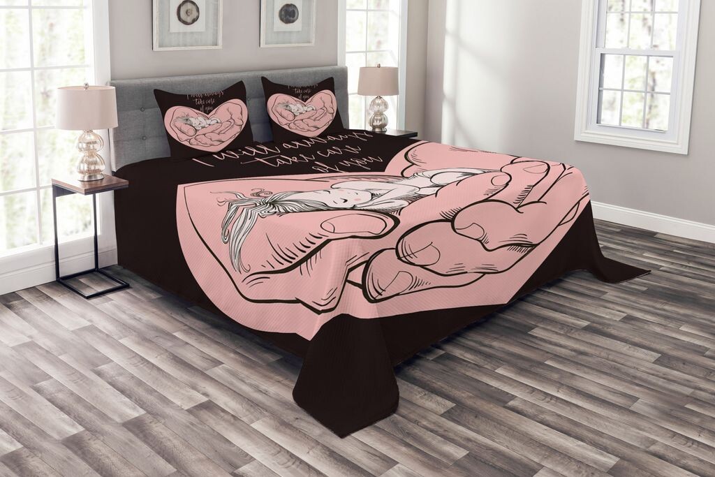 

ABAKUHAUS Комплект покрывала Love Theme, Always You Care, комплект с моющимися наволочками, для односпальных кроватей 220 x 220 см, Светло-Розовый Темно-Коричневый