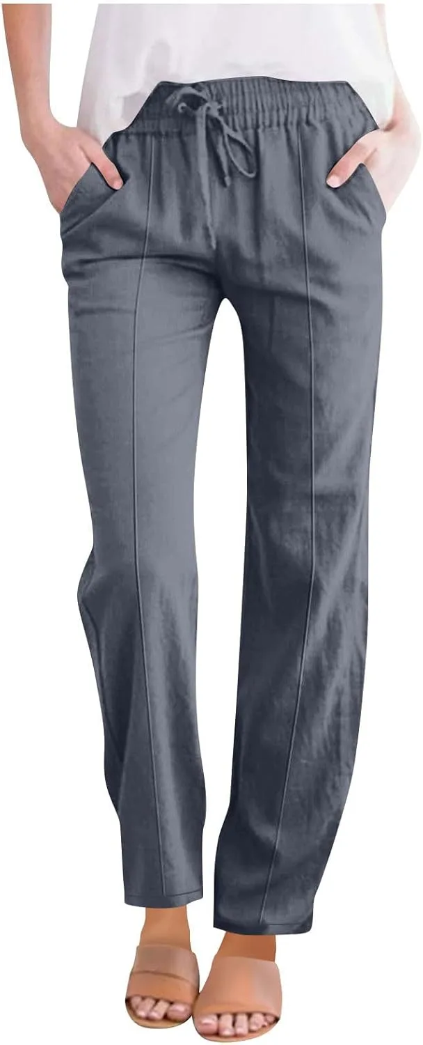 

Летние хлопковые льняные брюки для женщин с прямой широкой штаниной и эластичным поясом на шнурке