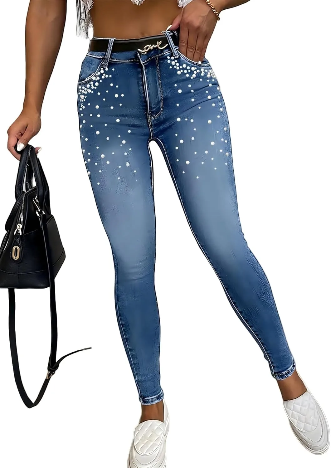 

Джинсы High Waisted для женщин Stretchy Skinny с жемчужным декором WGXWGX