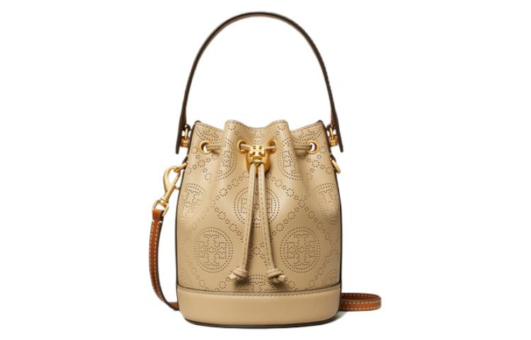 

TORY BURCH Монограмма Т Кожаная ведерка через плечо кроссбоди миниатюрная женская сумка миндальный розовый