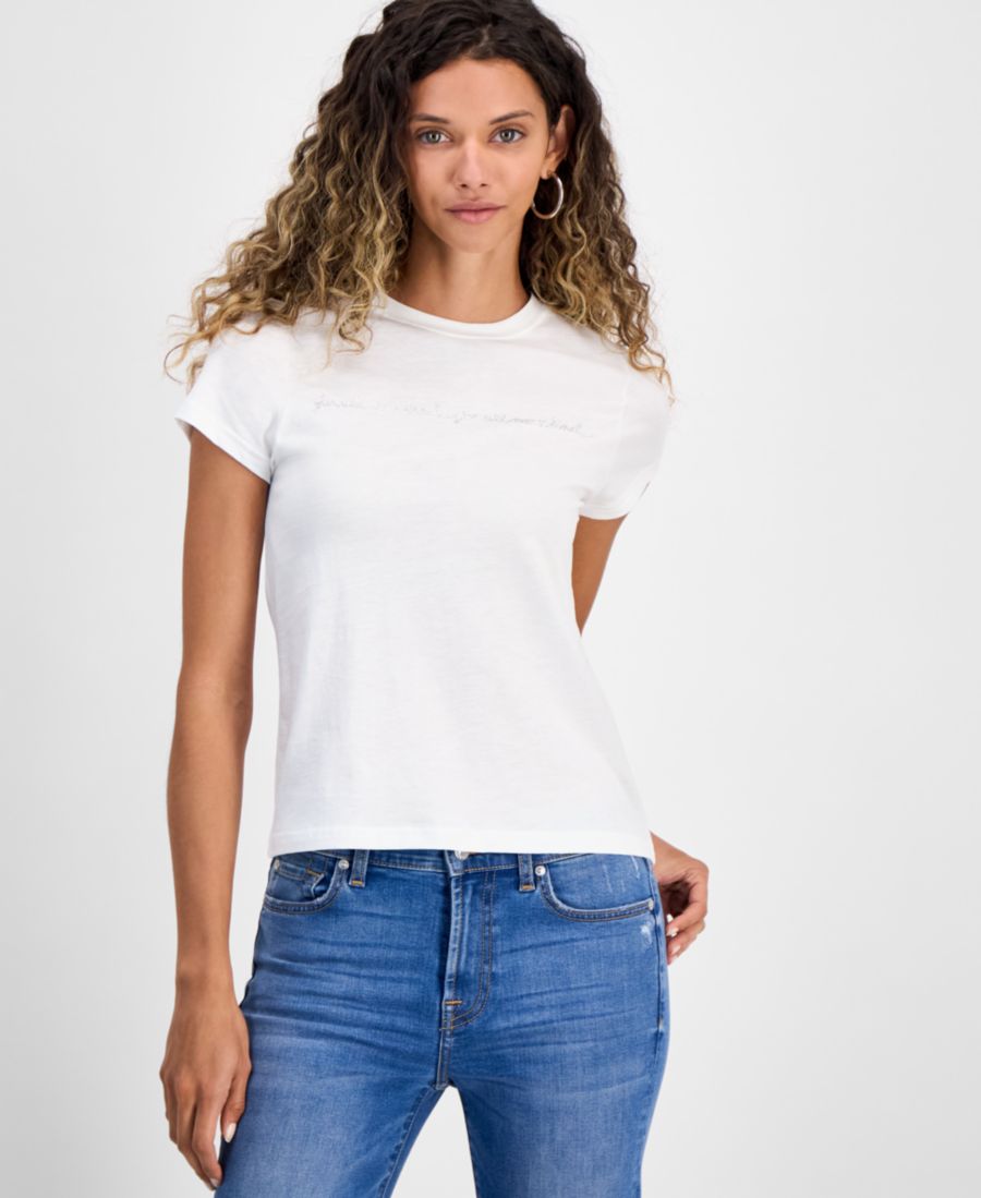 

Женская хлопковая футболка с логотипом, украшенным стразами 7 For All Mankind, Cotton White