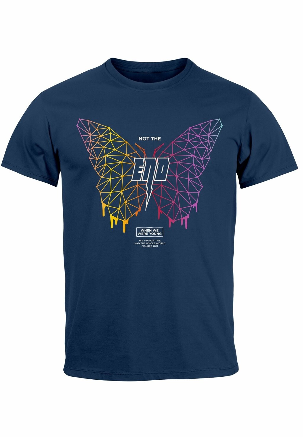 

Футболка с принтом GEOMETRIC DESIGN BUTTERLFY SPRUCH NOT THE END FASHION STREETSTYLE Neverless, темно-синий