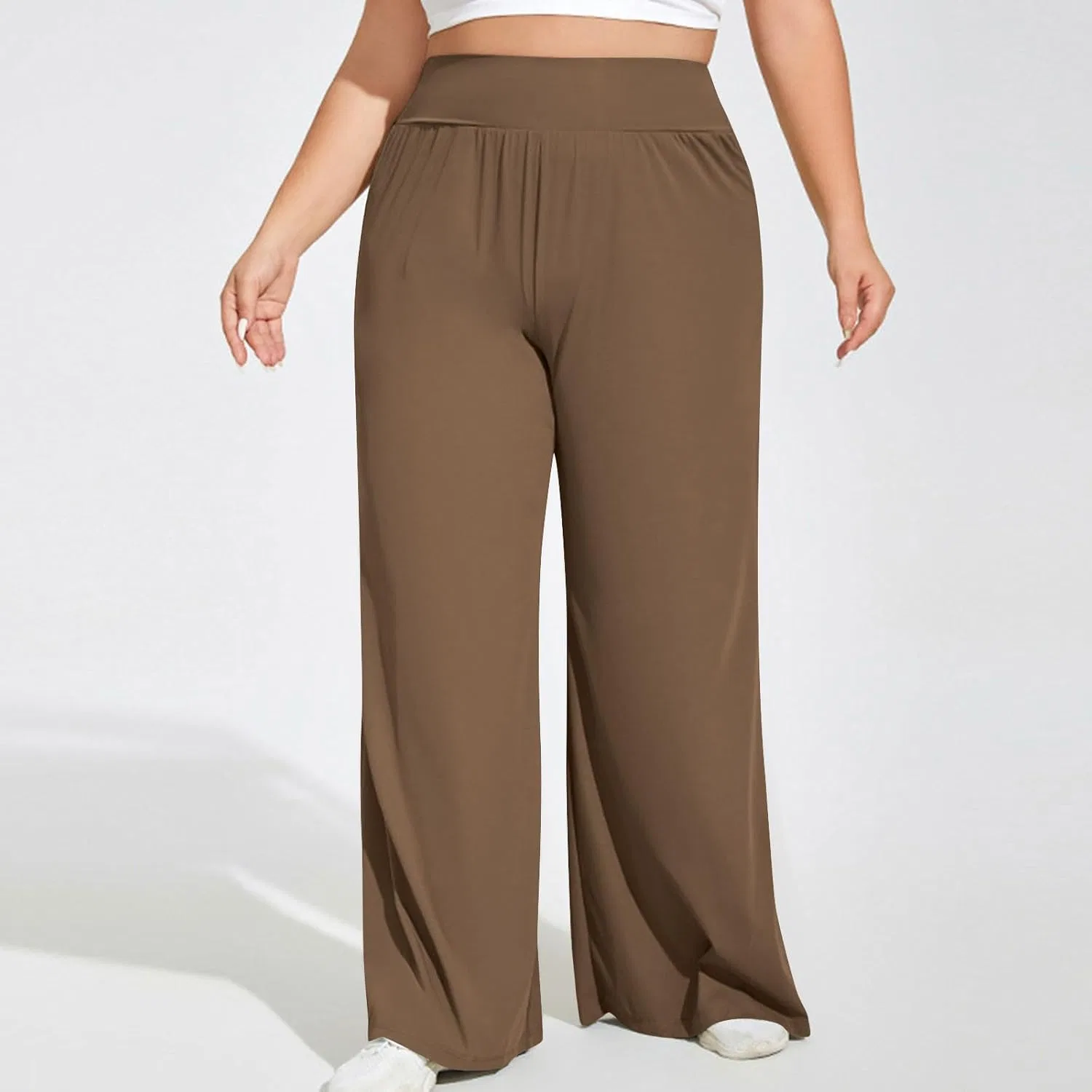 Женские спортивные широкие брюки с высокой талией, Khaki — фото 4