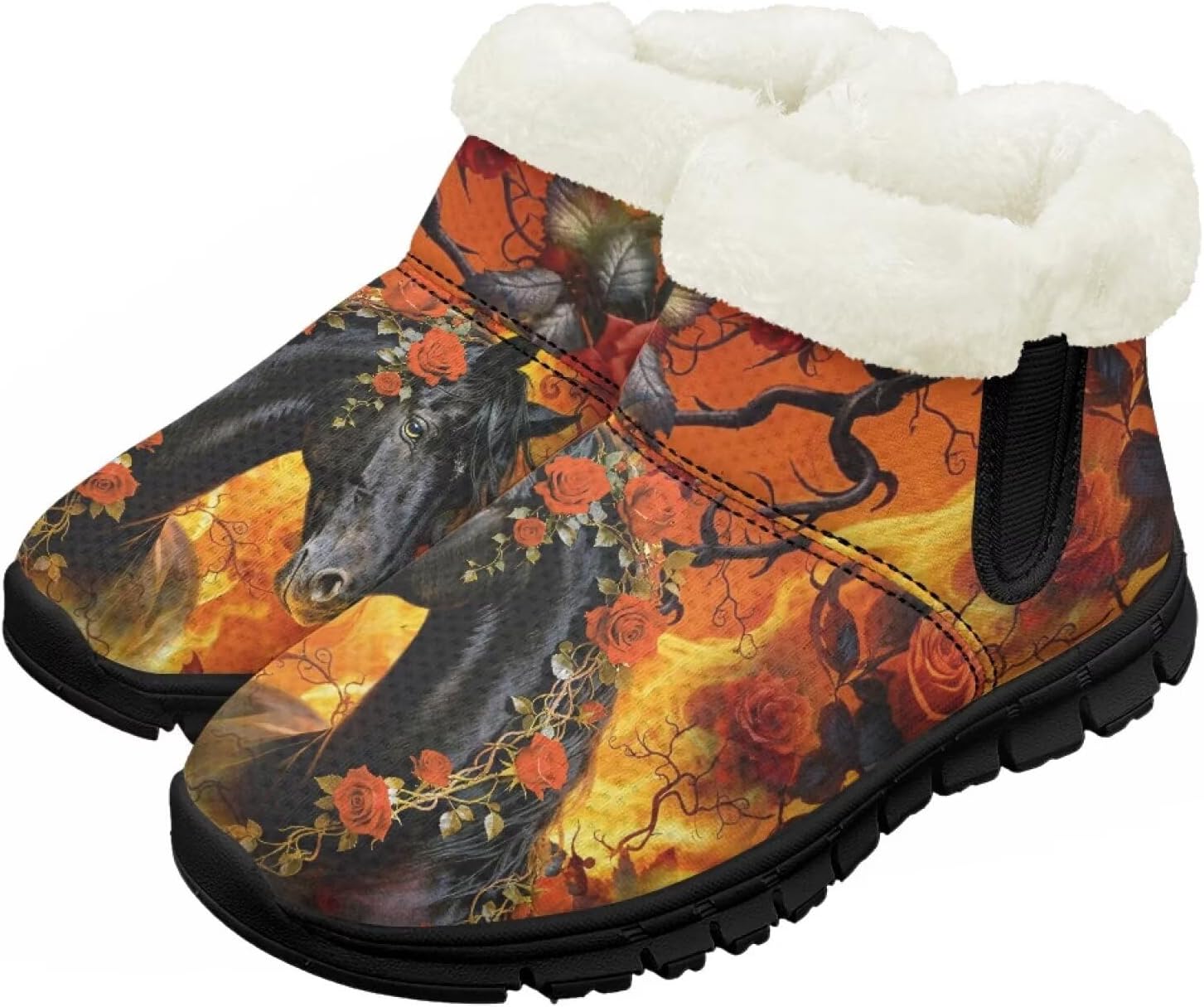 

Мальчики Девочки Зимние Ботинки Теплые Слипоны Снегоступы Удобная Обувь Для Дома И На Улицу Легкие Детские Меховые Тапочки Chririnla, Gothic Black Horse Butterfly