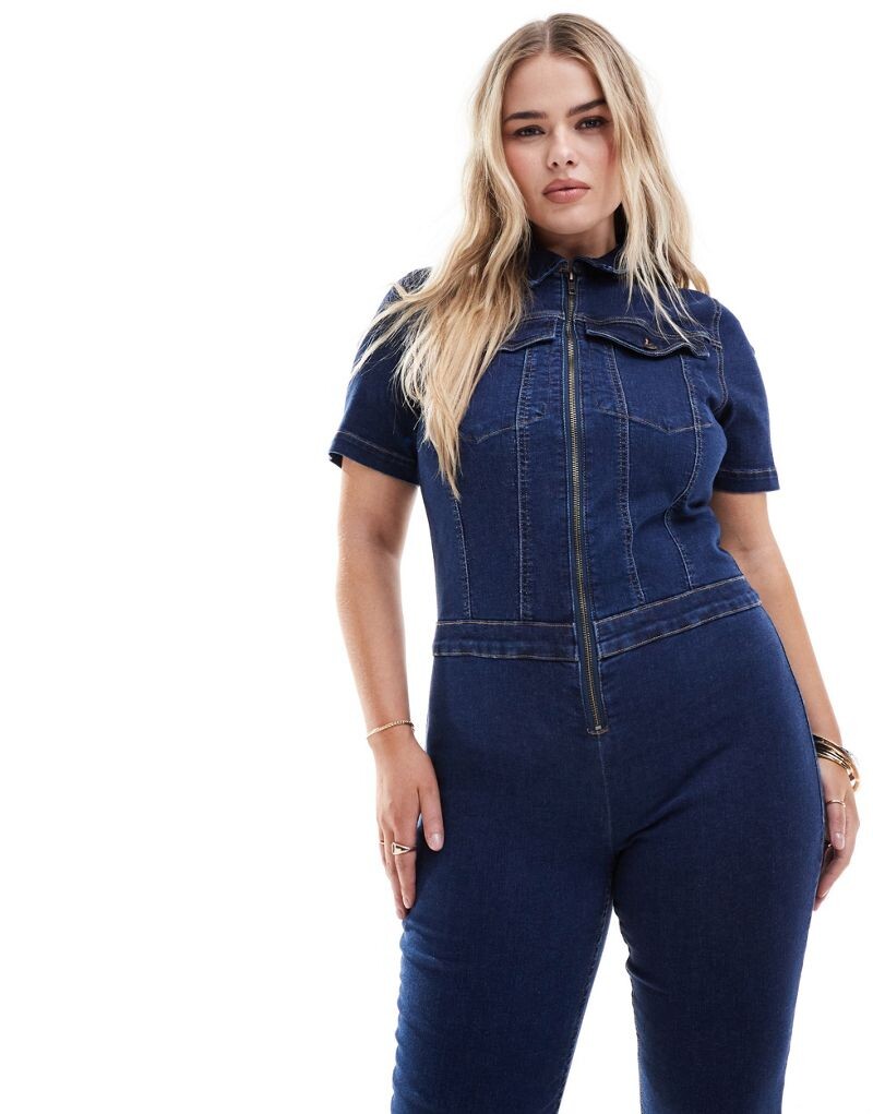 

Темно-синий эластичный комбинезон в стиле 70-х ASOS DESIGN Curve
