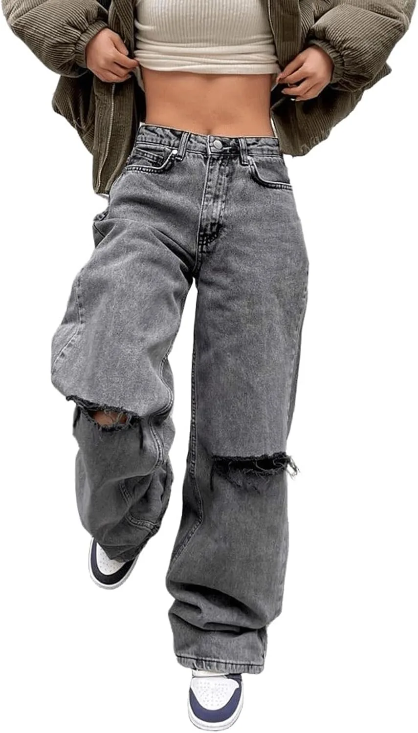 

Viatabuna рваные джинсы для женщин, мешковатые, с высокой посадкой, прямые, потертые, в стиле boyfriend, состаренный деним, Y2K стритвир