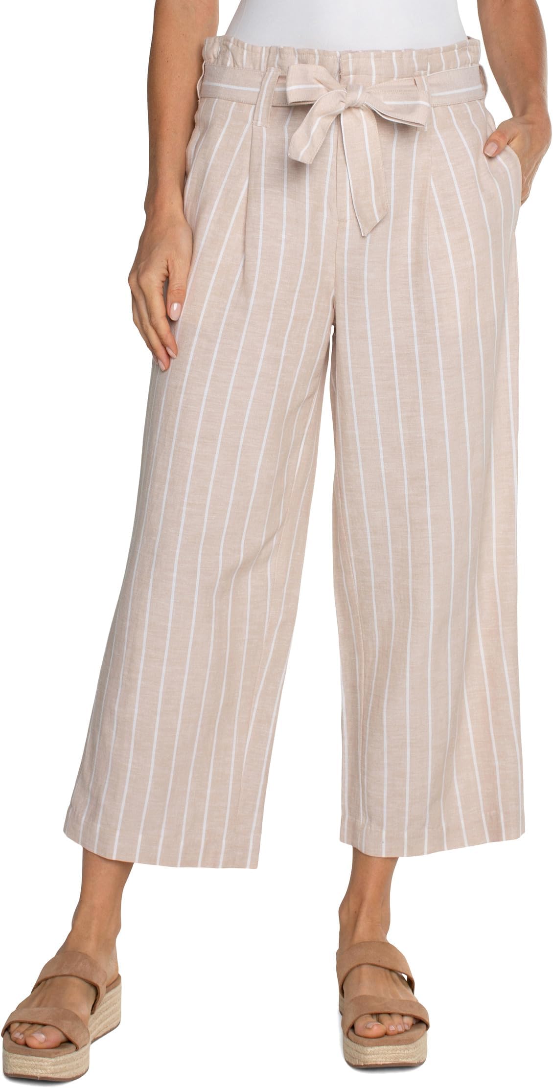 

Брюки Liverpool Los Angeles Pleated Crop Mid Rise Trouser with Self Belt, цвет Tan With Yarn Dyed Stripe