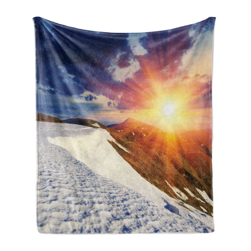 

Мягкое фланелевое флисовое одеяло ABAKUHAUS Landscape, Snowy Mountains Sunny, уютный плюш для использования в помещении и на улице, 125 x 175 см, синий и коричневый