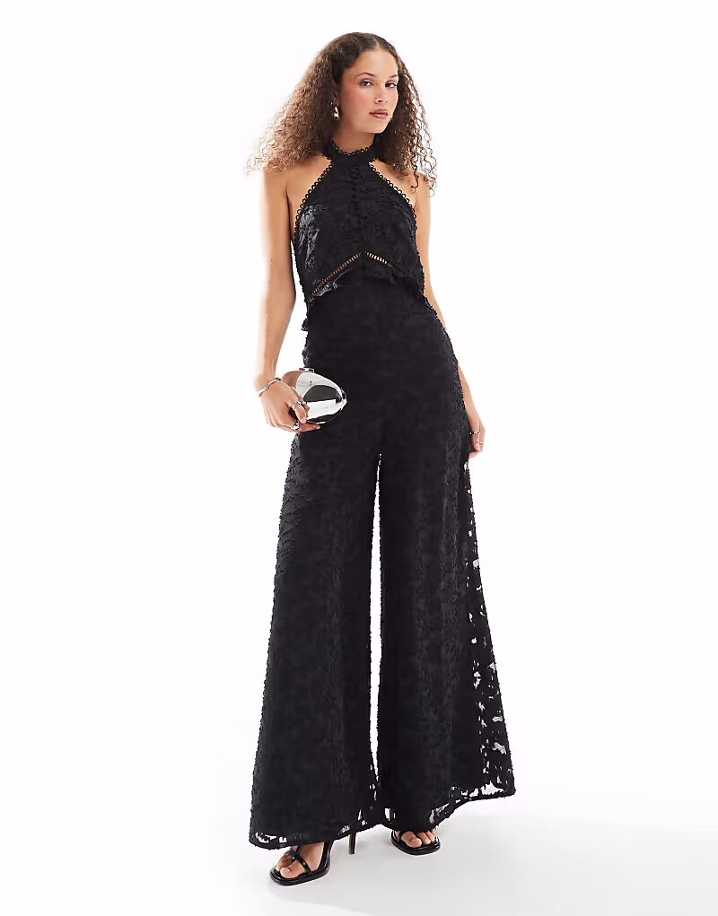 

Жаккардовый комбинезон с широкими штанинами ASOS DESIGN черного цвета