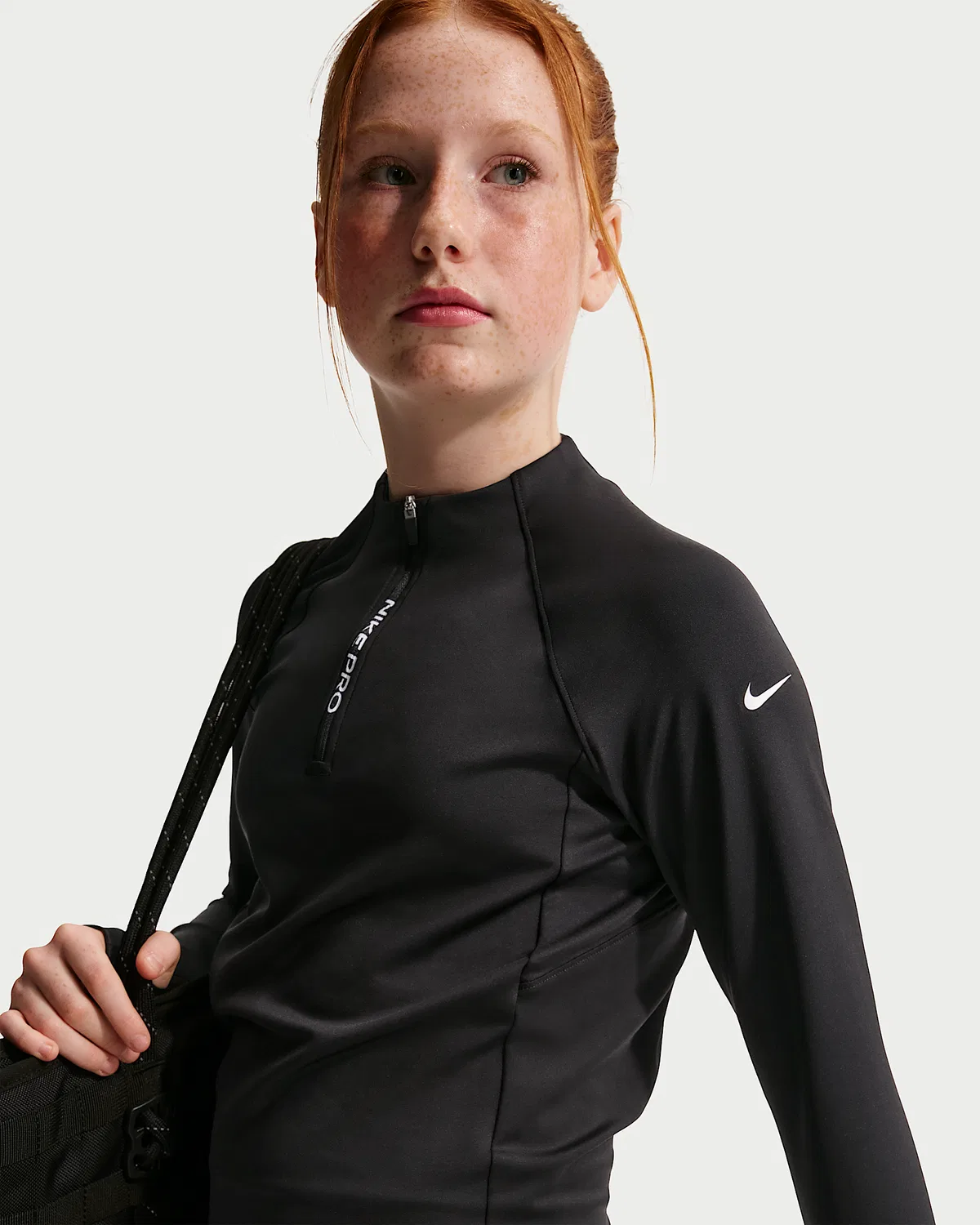 Детские (девочки) Nike Pro Dri-FIT с длинным рукавом и полузамком, Black/Black/White — фото 3