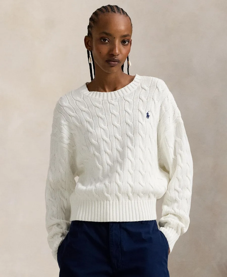 Женский хлопковый свитер крупной вязки с круглым вырезом Polo Ralph Lauren, белый