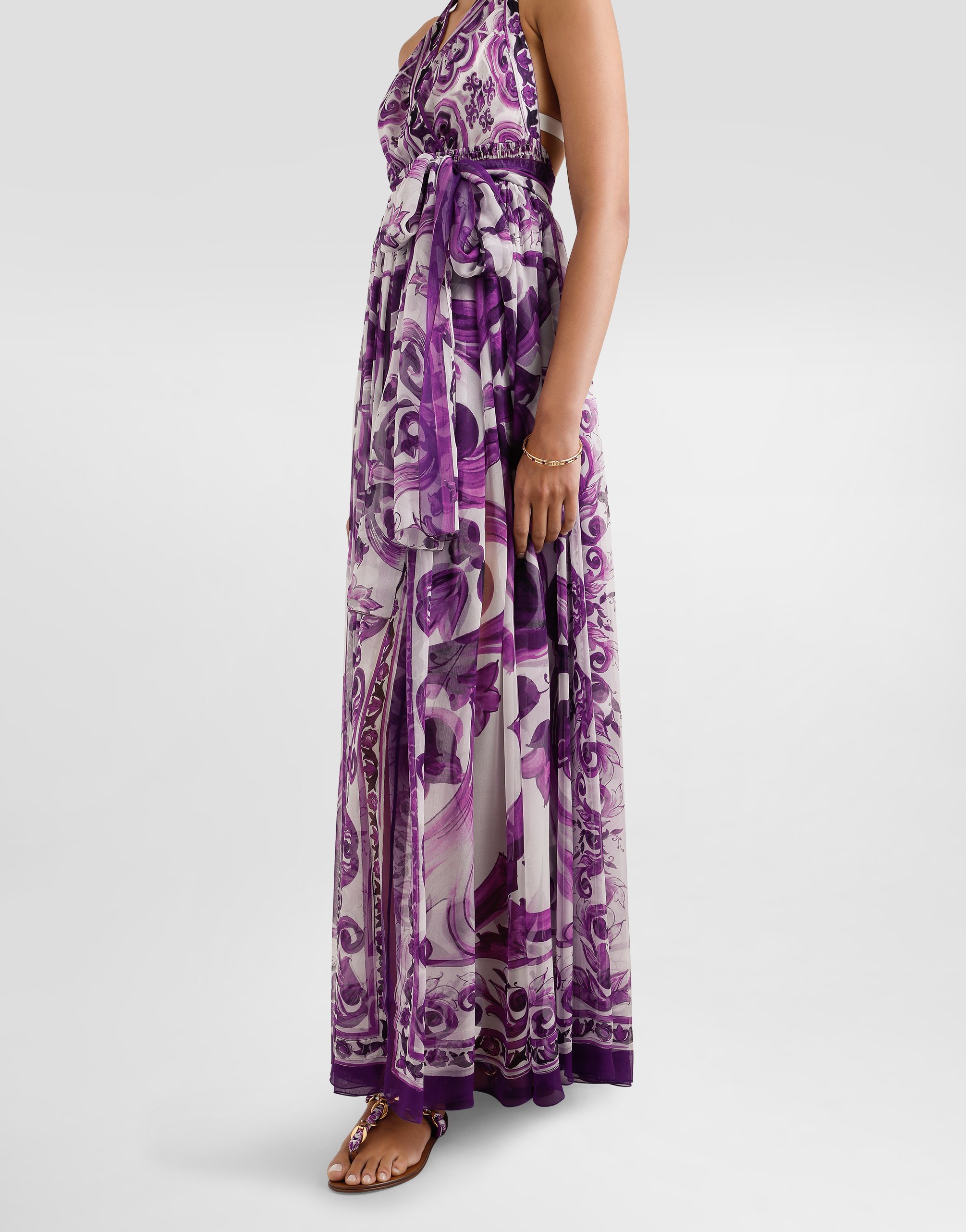 Длинное шифоновое платье с принтом "майолика" Dolce & Gabbana, мультиколор — фото 4