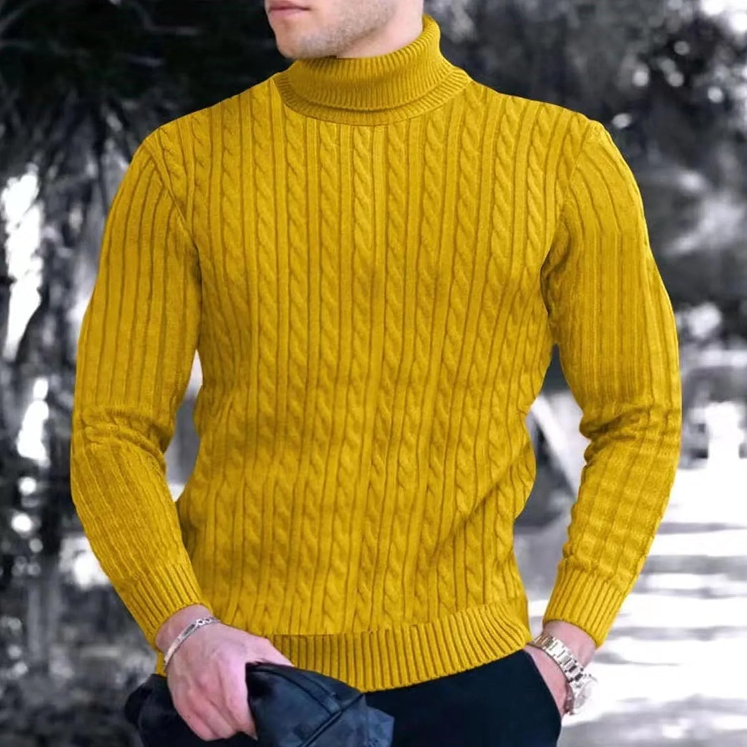 Мужской свитер Slim Fit водолазка Casual с витой вязкой — фото 2