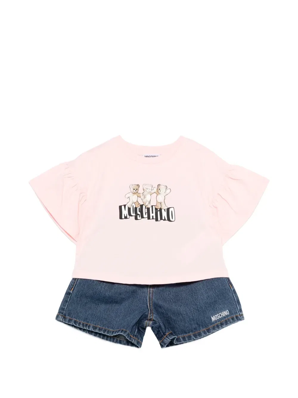 Джинсовый комплект с рюшами и логотипом Moschino Kids, синий