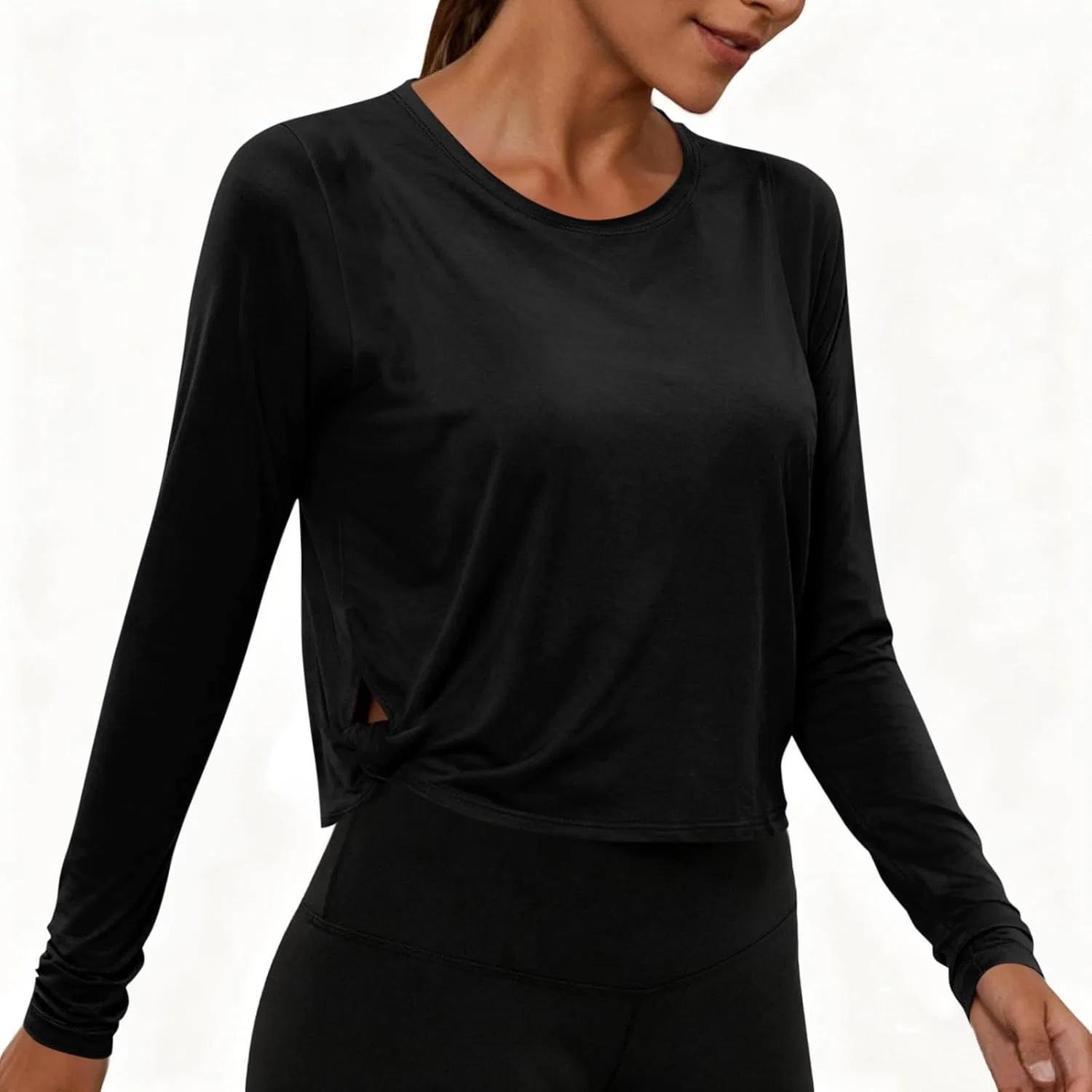 Женский топ с длинным рукавом, круглым вырезом, базовый слой, Generic, Black — фото 2