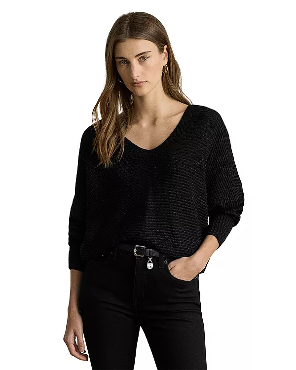 

Свитер с рукавами «летучая мышь» металлизированной вязки в рубчик Ralph Lauren, черный