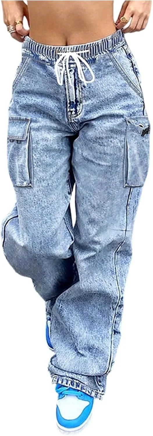 Джинсы женские wide leg с карманами и эластичным поясом