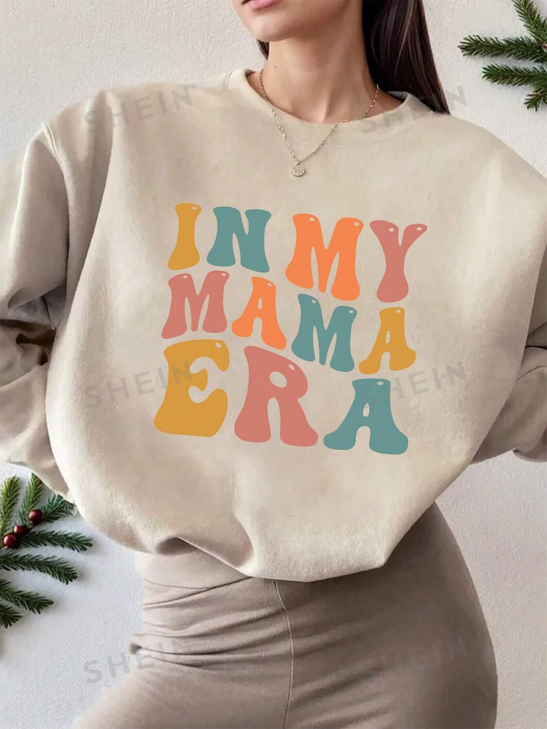 

LUNE Толстовка с длинными рукавами, круглый вырез, принт «In My Mama Era», свободная, повседневная, осень/зима Shein, абрикосовый