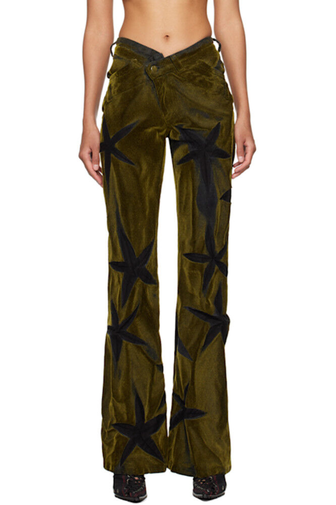 

Джинсы цвета хаки и черного цвета с V-образным вырезом и флокированной отделкой Masha Popova