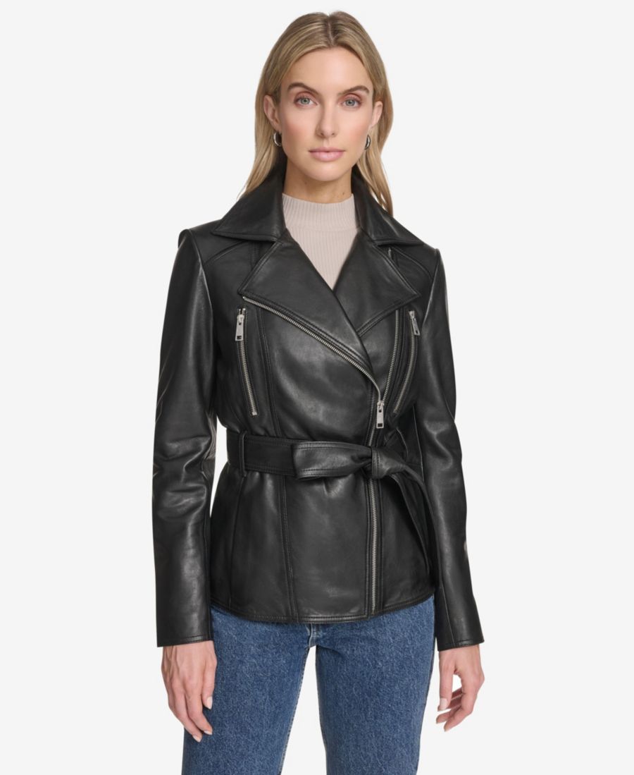 

Женская фиолетовая кожаная мотоциклетная куртка с поясом Andrew Marc, Black