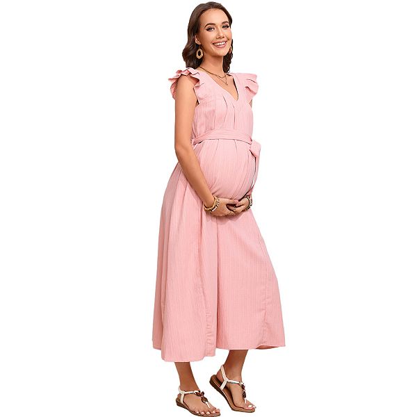 

Летнее платье для беременных с рюшами, каплевидным вырезом, плиссировкой и поясом для фотосессии baby shower Yesfashion, Pink