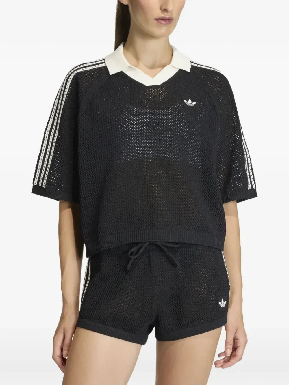 Полосатая рубашка поло с V-образным вырезом adidas, черный — фото 2