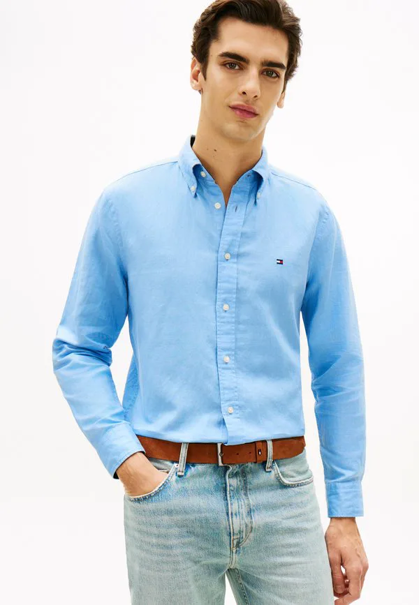 Рубашка-Рубашка прямого кроя из смесовой льняной ткани. Tommy Hilfiger, Cloudy Blue
