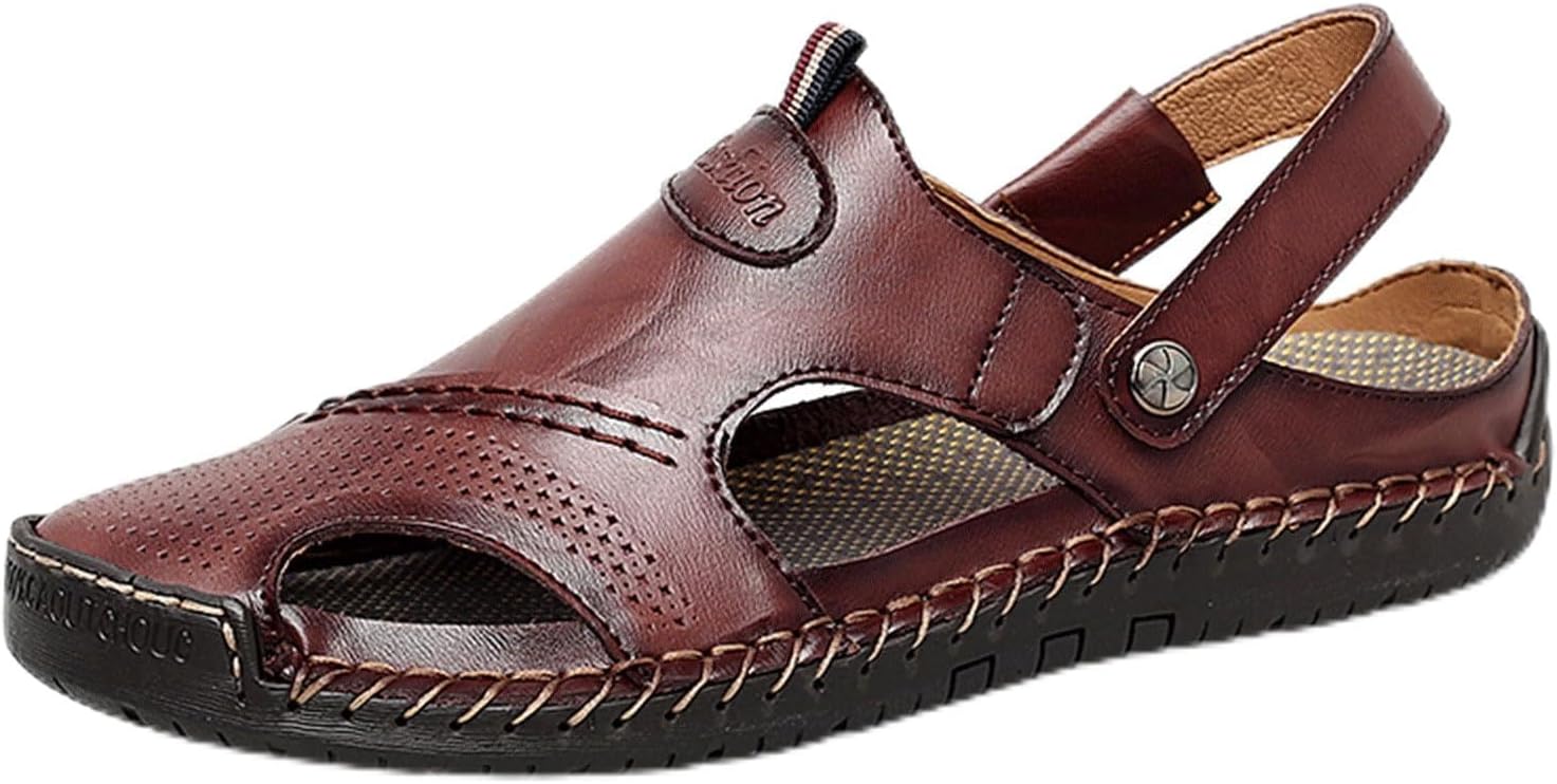 

Мужские сандалии VOCECO с закрытым носком, кожаные, ручная строчка, наружные, с регулируемым ремешком на пятке, шлепки, пляжные сандалии для рыбака, темно-коричневый