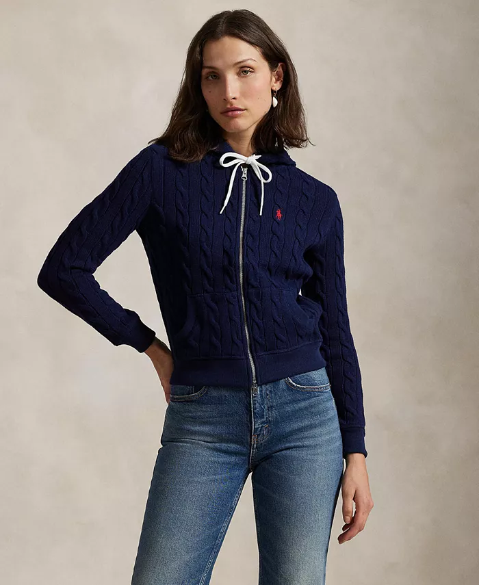 

Женский хлопковый худи с молнией и ажурной вязкой Polo Ralph Lauren, синий